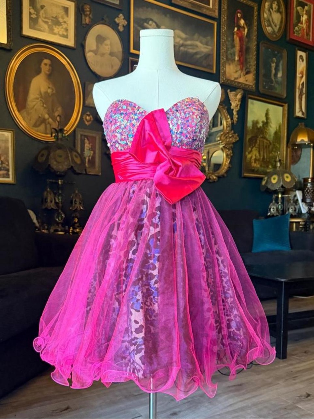 Vintage Jovani Pink Sequin Party Dress | Y2K Coquette Prom Homecoming Bow Mini |